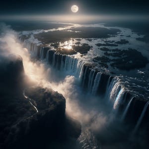 Pode incluir: Uma vista aérea das Cataratas Vitória à noite, com uma lua cheia brilhando intensamente no céu escuro. As cataratas são iluminadas pela luz da lua, criando uma cena dramática e etérea.