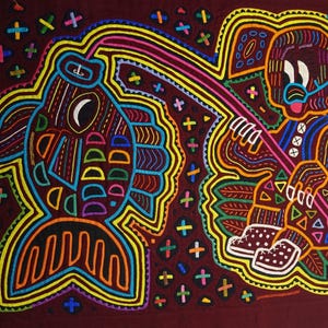 Hand Stitched Panama Mola: &quot;Caught a Fish&quot; Tapestry Wall Art