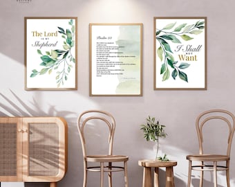 Psalm 23 Der Herr ist mein Hirte | Botanische Schriftkunst | Galerie Wandkunst | 3er Set Drucke | Christliche Wohnkultur | Aquarell Blätter