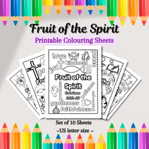 10 Printable Bible Colouring Pages, Galatians 5:22-23 Fruit of the Spirit Scripture, Sunday School Activity, Homeschool Colouring Worksheets