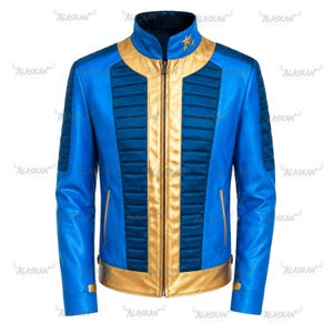 May include: A blue and gold leather jacket with a high collar and a full-length zipper. The jacket features gold accents on the collar, zipper, and trim, with padded sections on the chest and sleeves. The jacket has a futuristic design.
