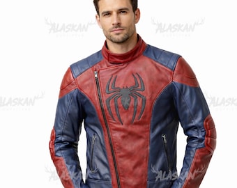 Blouson en cuir inspiré de Spiderman : tenue de cosplay rouge bleu, vêtements de fans de bandes dessinées