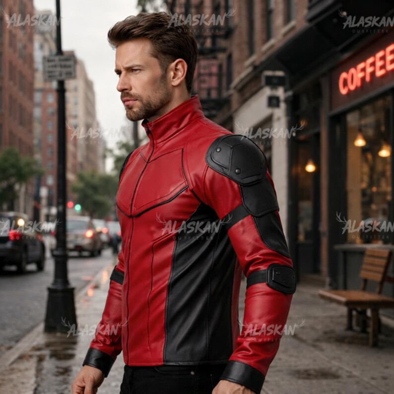 Men's Deadpool Red Black Leather Jacket – Cosplay Halloween Costume