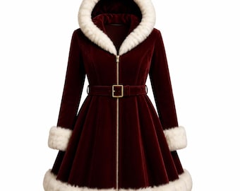 Luxe bordeauxrode fluwelen jas voor dames met capuchon en bontkraag, kerstkostuum voor een fotoshoot met de Kerstman.