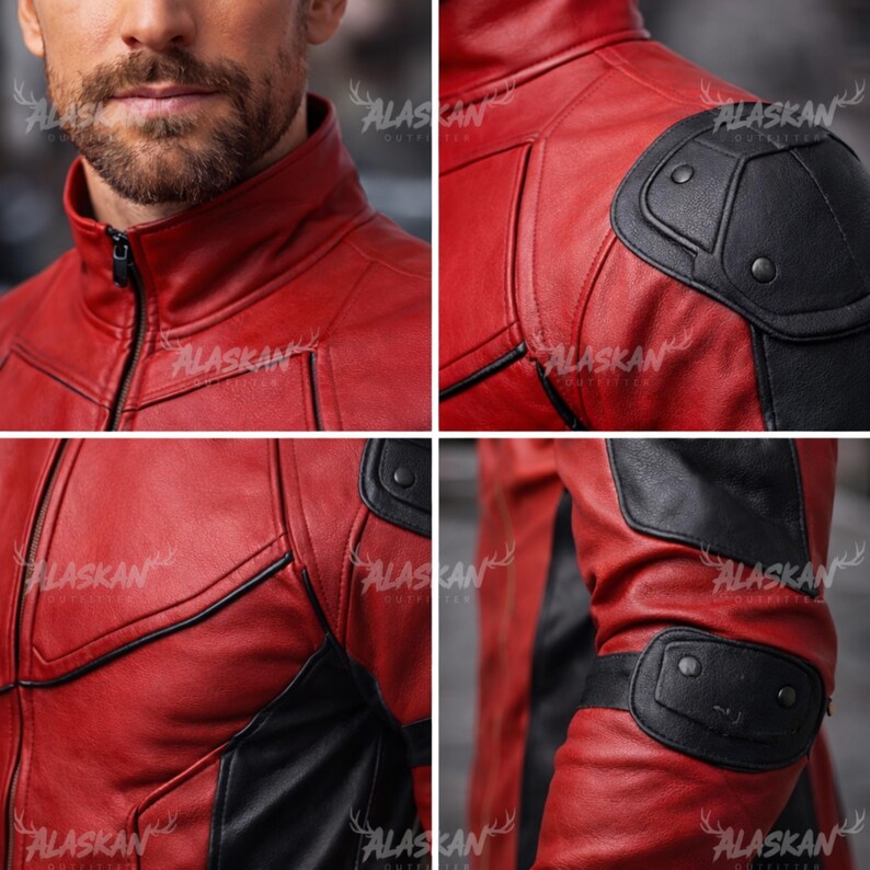 Men's Deadpool Red Black Leather Jacket – Cosplay Halloween Costume
