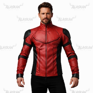 Men's Deadpool Red Black Leather Jacket – Cosplay Halloween Costume