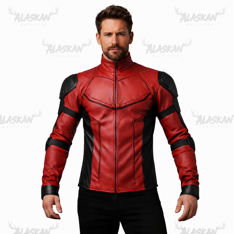 Men's Deadpool Red Black Leather Jacket – Cosplay Halloween Costume