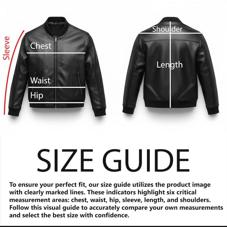Peut inclure: Un guide des tailles pour une veste en cuir noire, avec des indicateurs de mesure pour la poitrine, la taille, les hanches, les manches, la longueur et les &eacute;paules. Le texte "SIZE GUIDE" est visible, avec des instructions pour comparer les mesures.