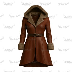 May include: A brown leather coat with a faux fur-lined hood and collar. The coat features a belt at the waist, fur cuffs, and a zipper closure. The coat is designed for cold weather and has a classic, elegant style.