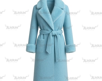 Manteau portefeuille en laine bleu ciel pour femme avec col et poignets en fourrure, manteau d'hiver style peignoir avec ceinture, vêtement d'extérieur de luxe élégant