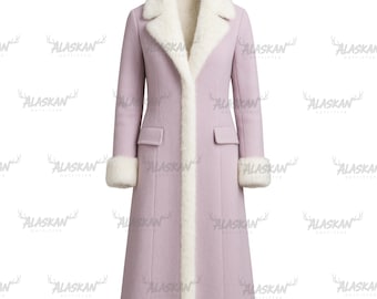 May include: A long, light purple coat with a white faux fur collar, trim, and cuffs. The coat has a tailored fit, two front pockets, and a button closure. The coat is a classic winter outerwear piece.