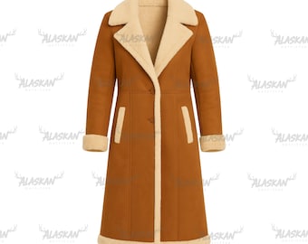 May include: A long brown coat with a cream-colored shearling lining and trim. The coat features a notched collar, button closure, and side pockets. The cuffs and hem are also trimmed with cream-colored shearling.