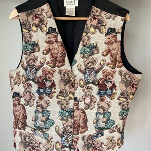 Teddy Bear Tapestry Vest 80s 90s Vintage Facets Embroidered