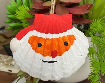 Santa Seashell Ornament – Hand Painted Christmas Tree Decoration, Coastal Holiday Beach Theme Décor, 4 Inch Natural Shell