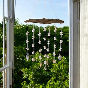 Natural Seashell Wind Chime with Driftwood Hanger | Beach Wedding Decor, Coastal Garden or Nautical Home Wall Hanging Decoration