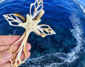 Handmade Seashell Cross with Starfish Center: Coastal Christian Decor, Seashell Catholic, Jesus cross, small coastal cross, Oyster cross
