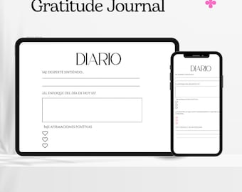 Peut inclure: Un journal de gratitude numérique avec le mot espagnol "DIARIO" en haut. Le journal comporte des invites pour "ME DESPERTE SINTIENDO", "EL ENFOQUE DEL DIA DE HOY ES?" et "MIS AFIRMACIONES POSITIVAS". Le journal est affiché sur une tablette et un smartphone.