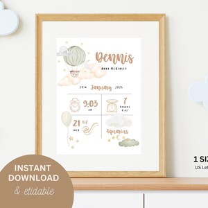 Póster de nacimiento de bebé neutro / Regalo con detalles de nacimiento / Impresión digital personalizada para descargar / Globo / Regalo de decoración para guardería