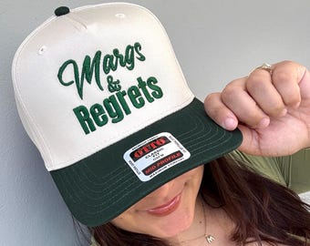 Margs & regrets trucker hat, summer hat, margaritas, margs embroidery hat, margaritas lover, happy hour trucker hat, two tone summer hat