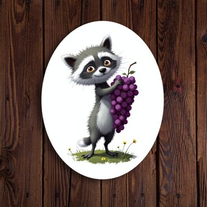 Pegatina de Roscoe "Mapache ama las uvas", pegatina de mapache divertido, pegatina de dibujos animados, pegatina de meme, mapache tierno, pegatina de vinilo impermeable