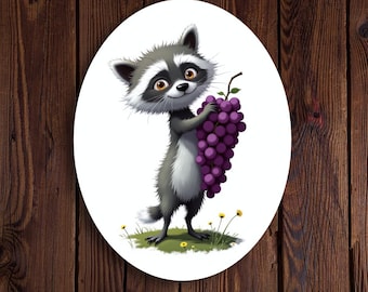 Sticker Roscoe Raccoon Loves Grapes – grappige cartoon-vinylsticker, waterdicht meme-ontwerp