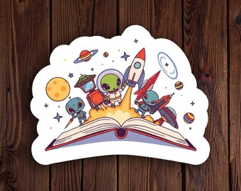 Sci-Fi-boeksticker – vinylsticker Reading and Imagination met buitenaardse wezens, robots en planeten
