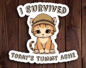 Sticker I Survived Today's Tummy Ache - vinylsticker grappige kattenmeme met kittensoldaat