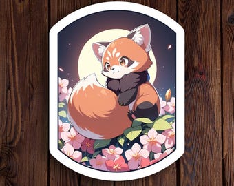 Sticker schattige rode panda met bloemen – vinylsticker dieren voor laptops en waterflessen