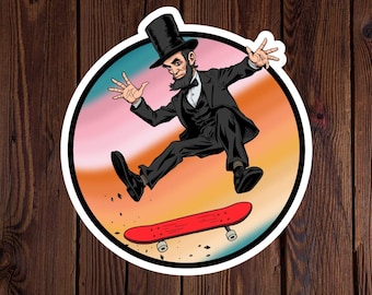Sticker Abraham Lincoln op een skateboard – vinylsticker grappige historische humor voor laptops