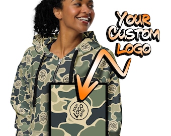 CUSTOM LOGO Camo Pattern Unisex Zip Hoodie with your logo - Hunting Camo Jacket - Burlebo Camouflage - Trendy Personalized Camo Gear