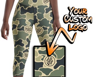 CUSTOM LOGO Camo Pattern with your logo Yoga Capri Leggings -  Burlebo Camouflage - Trendy Personalized Camo Gear