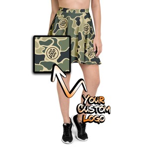 May include: A green and brown camouflage print skater skirt with a circle logo that says "Your Logo Here".