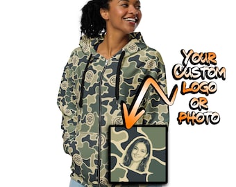 CUSTOM LOGO/PHOTO Camo Pattern Unisex Zip Hoodie - Hunting Outdoorsman Jacket - Burlebo Camouflage - Unique Trendy Personalized Picture Gift