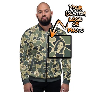 CUSTOM LOGO/PHOTO Camo Pattern Unisex Bomber Jacket - Hunting Outdoorsman Gift - Burlebo Camouflage - Unique Trendy Personalized Picture
