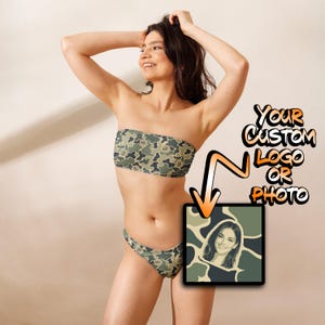 CUSTOM LOGO/PHOTO Camo Pattern Recycled Bandeau Bikini - Hunting Outdoorsman Gift - Burlebo Camouflage - Unique Trendy Personalized