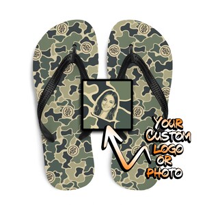 CUSTOM LOGO/PHOTO Camo Pattern FlipFlops - Beach Outdoorsman Sandals - Burlebo Camouflage - Unique Trendy Personalized Picture Present