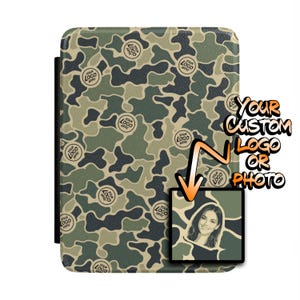 May include: A rectangular protective case featuring a green, brown, and black camouflage pattern with repeating circular text that reads YOUR LOGO HERE. An orange arrow points to a square inset displaying a portrait of a person on a camo background.