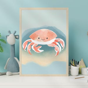Schattige krab kinderkamer kunst aan de muur, grillige dierenprint voor kinderkamer, speels kinderdecor, afdrukbare kunst, digitale download, zeemuurkunst