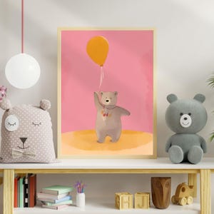 Bär mit Ballon Kinderzimmer Wandkunst, Wunderliche Tierdruck für Kinderzimmer, Verspielte Kinder Dekoration, druckbare Kunst, digitaler Download