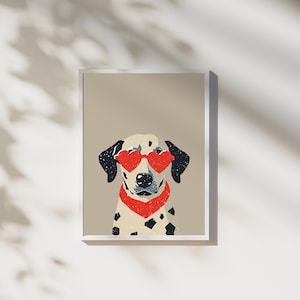 Dalmatian with Red Heart Glasses Print, Fun Kid&#39;s Room Decor, Bold Color Eclectic Print, Playroom Poster Dog Print, Modern Prints, Pop Art
