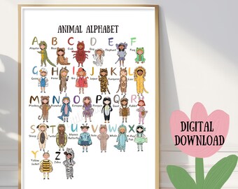 Animal Alphabet Poster || For Children's Bedroom or Nursery || Digital Download || ABC || Wall Art || Unique Cute Kid's Art
