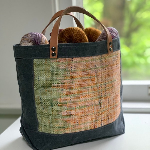 One of a Kind Handwoven Panel Tote Bucket Bag with Waxed Canvas, for Knitting or Craft Projects