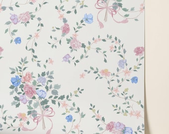Vintage Floral Grandmillennial Wallpaper : Blue, Pink, Removable for Girl's Room