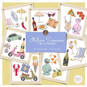 Niedliche Italienische Sommer Clip Art Illustration Elemente zum Downloaden PNG. Italien Thema Sofort Download für Grafiken, Einladungen, Aufkleber.