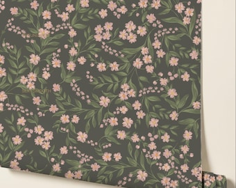 Green and Pink Moody Floral Wallpaper perfect for Bedroom or powder room. Peel & Stick or Traditional Paper.