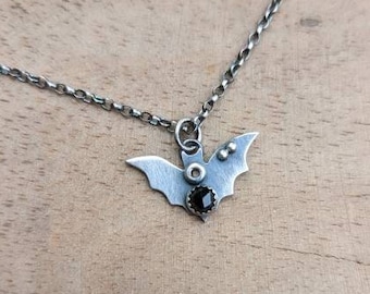 tiny sterling silver halloween necklace with gemstone - bat necklace with black spinel gemstone