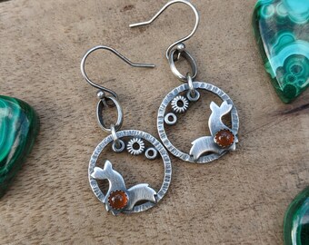 sterling silver fox and carnelian earrings - fox earrings - statement earrings