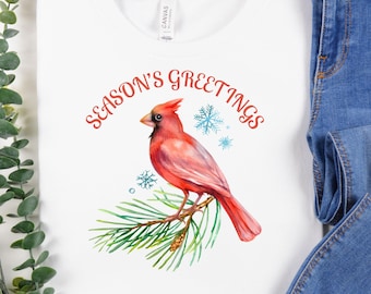 Cardinal Season's Greetings Tee, Holiday Bird T-Shirt, Cute Christmas Gift for Bird Lovers, Shirt for Bird Watchers, Birder Clothing