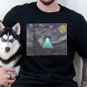 Alien Abduction Art Tee, UFO Graphic Starry Night Inspired Gift for Sci-Fi Lovers, Space Enthusiasts, paranormal artists, supernatural