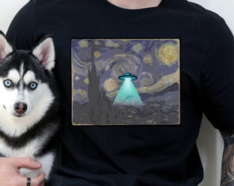 Alien Abduction Art Tee, UFO Graphic Starry Night Inspired Gift for Sci-Fi Lovers, Space Enthusiasts, paranormal artists, supernatural